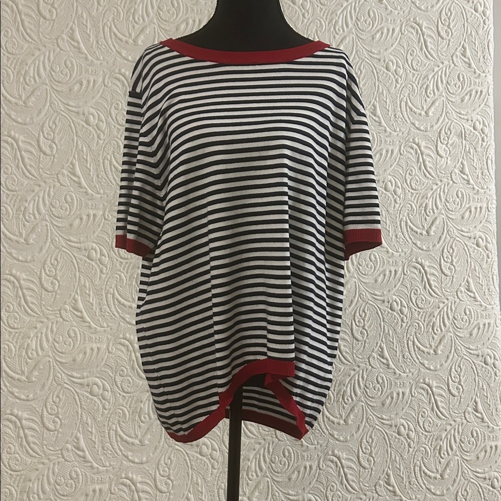 Striped Black and White Top with Red Accents